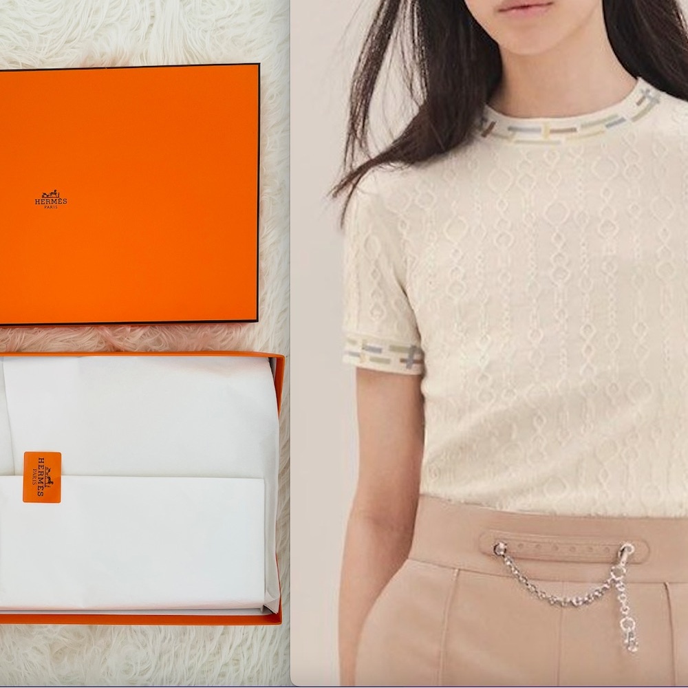 NWT in Box HERMES “Do Re Boucles” Short Sleeve Sweater Blanc Natural Cream FR34